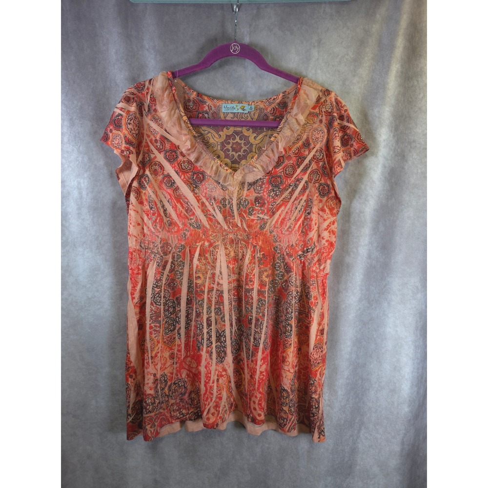 Unity World Wear Top XL Orange Paisley Print Ruffle V-Neck Short Sleeve
